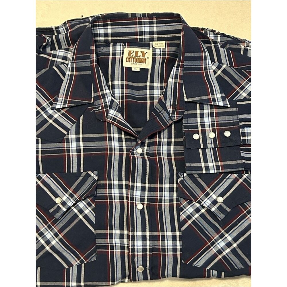 Ely Cattleman Men's Large Plaid Western Pearl Snap Shirt Blue Red White